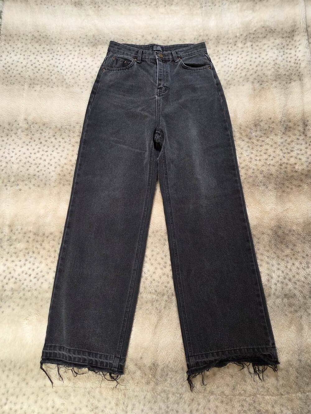 JJIM Korean Denim Washed Black High Waist Wide Leg Jeans Raw Hem Medium